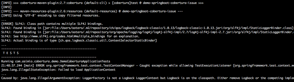 Spring Boot, Cobertura's LoggerFactory is not a Logback LoggerContext but Logback is on the classpath error