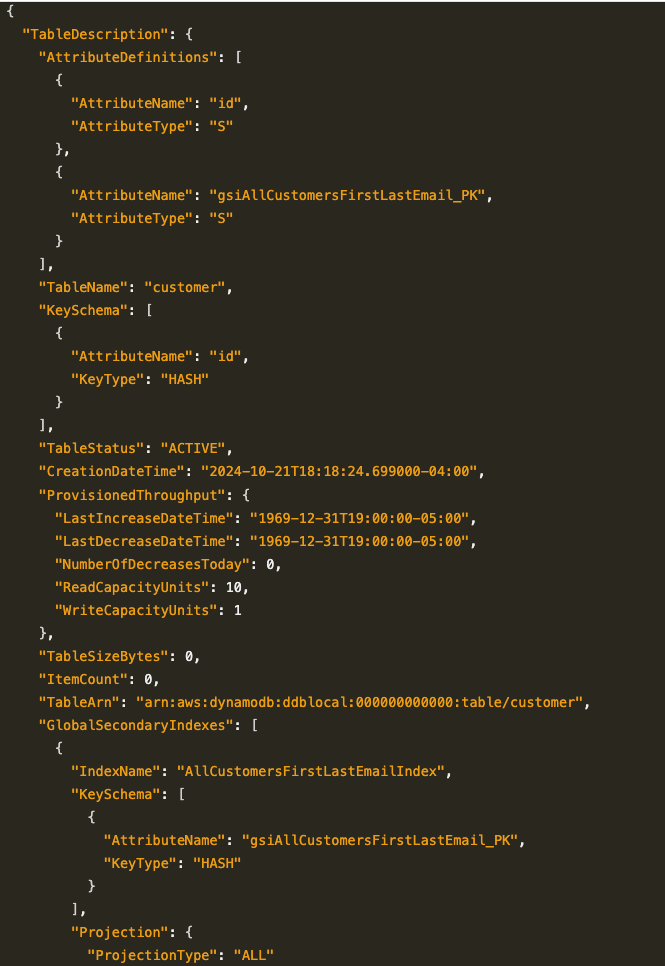 Create AWS DynamoDB table command output