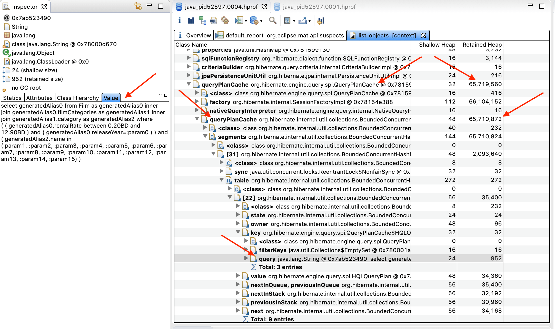 Analyzing Heapdump - Hibernate QueryPlanCache - Entry generated key query