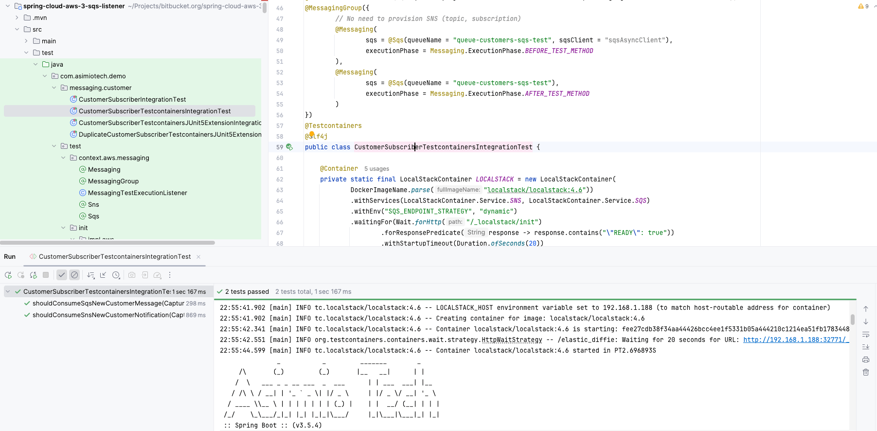 Provision SNS topics and SQS queues for testing Spring Boot applications with Testcontainers and LocalStack